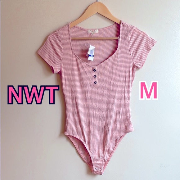 NWT (M) pink stripe thong bodysuit cotton mix softest tee shirt cap sleeeve - Picture 1 of 9
